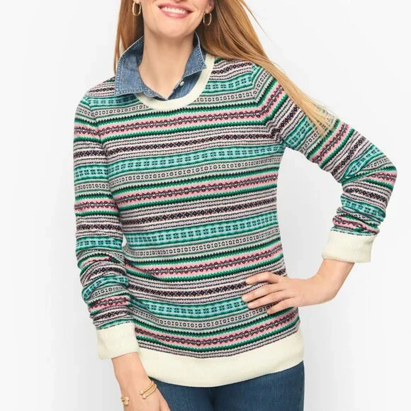 TALBOTS Fair Isle Lambswool Blend Crewneck Sweater Size L - Picture 1 of 8